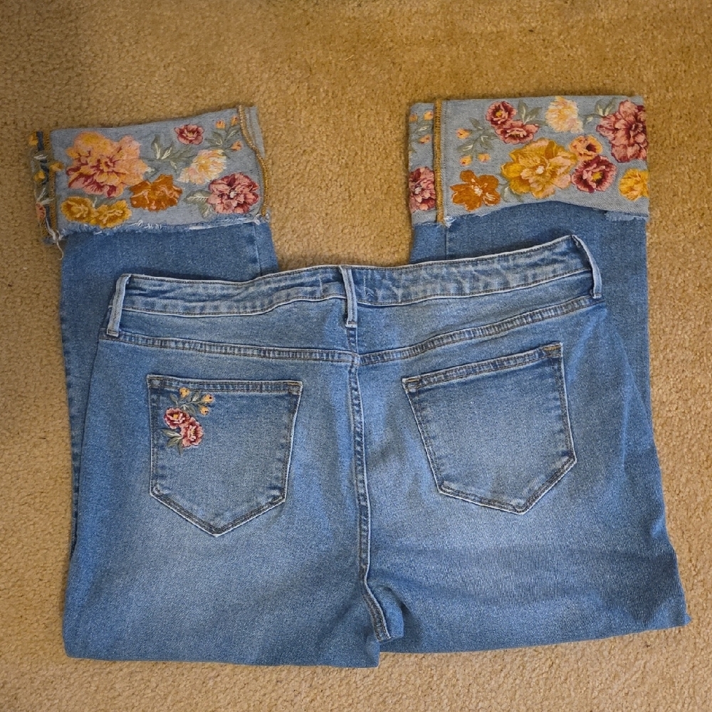 DRIFTWOOD Blue Straight Leg Jeans with Floral Cuff - Picture 3 of 3